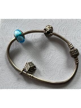 Pandora Sterling Silver Bracelet Birdhouse, Blue Bead, and Dolphin Charms Used